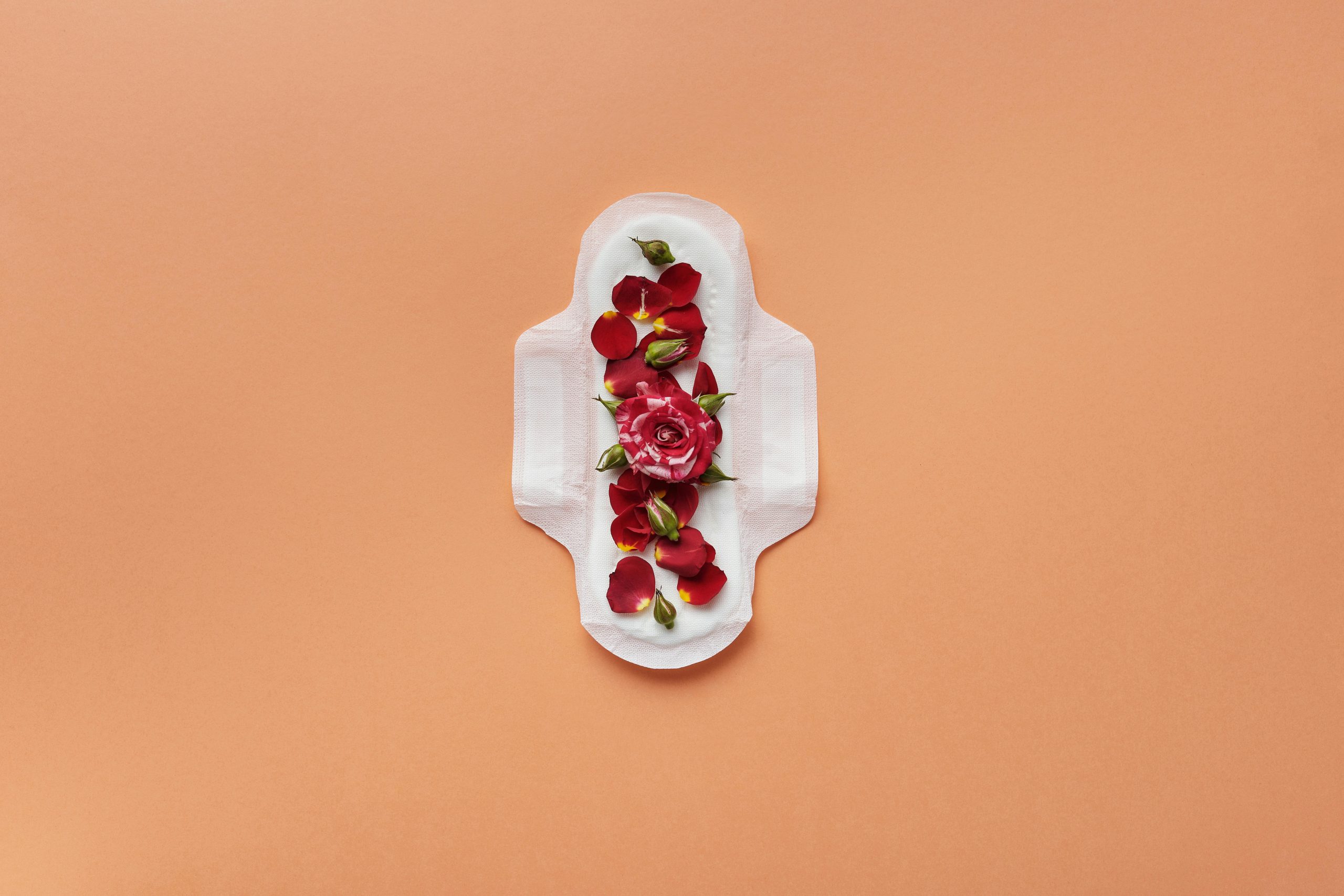 A sanitary pad adorned with red rose petals on a peach background, symbolizing menstruation and femininity.